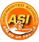 Orange and yellow circular badge with the text "ACCREDITED SCHOOL" at the top and "STAND UP PADDLE" at the bottom. In the centre, "ASI" is displayed above a silhouette of a person paddleboarding.