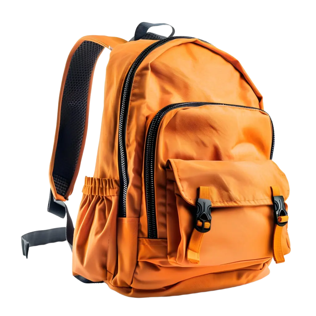An orange rucksack with black zips, multiple compartments, a front pocket with two buckles, side pockets, and padded shoulder straps, shown against a white background.
