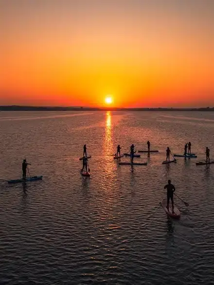 A group of people paddleboarding on a calm body of water at sunset, with the sun low on the horizon and its reflection shimmering across the water.